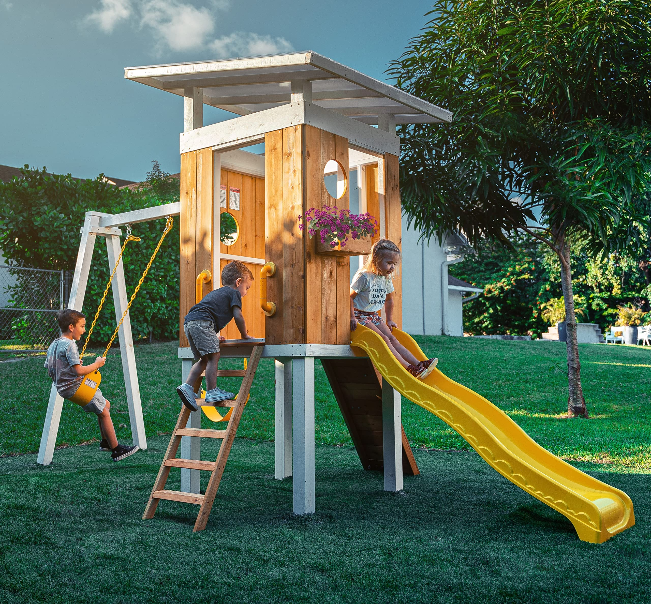 【Baby&Kids】Modern Outdoor Backyard Swing Set Children's Rock Climbing Wood Playground Playset 2 Belt Swings