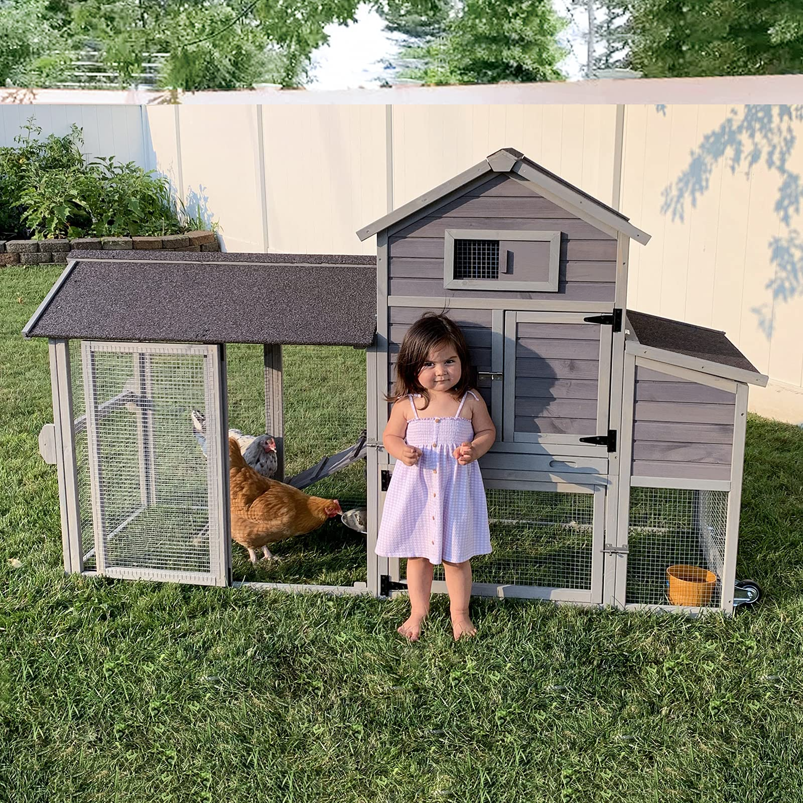 【Home&Garden】80 Movable Chicken Coop with Wheel and Run, Large Backyard Hen House with Nesting Box